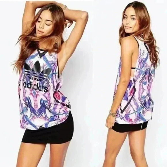 RARE Adidas Originals Florera Abstract Floral Trefoil Logo Tank Top Size M - Picture 2 of 10